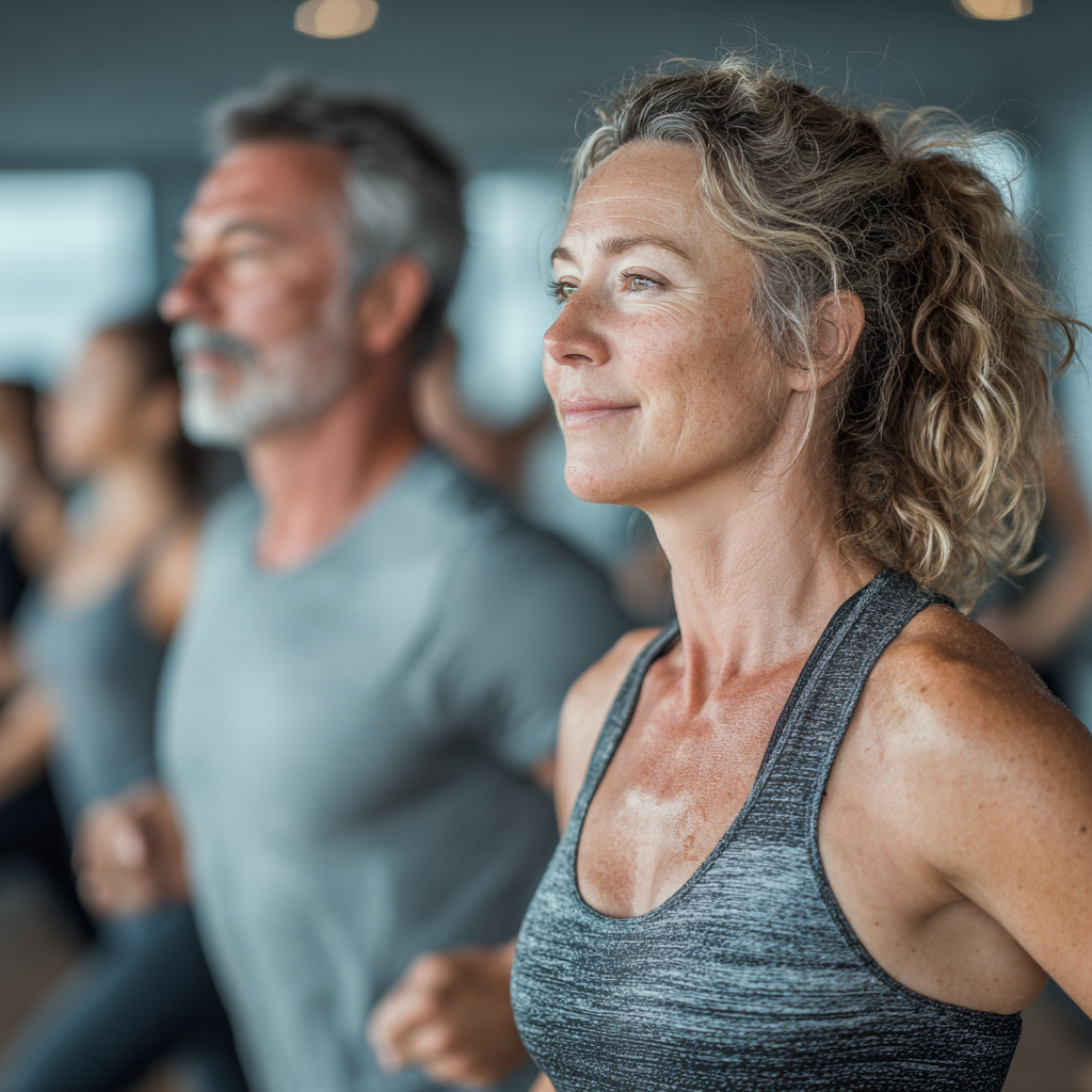 Active middle-aged adults exercising together in modern fitness studio