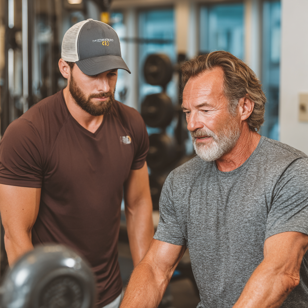 Professional fitness coach working with mature adult client in supportive environment